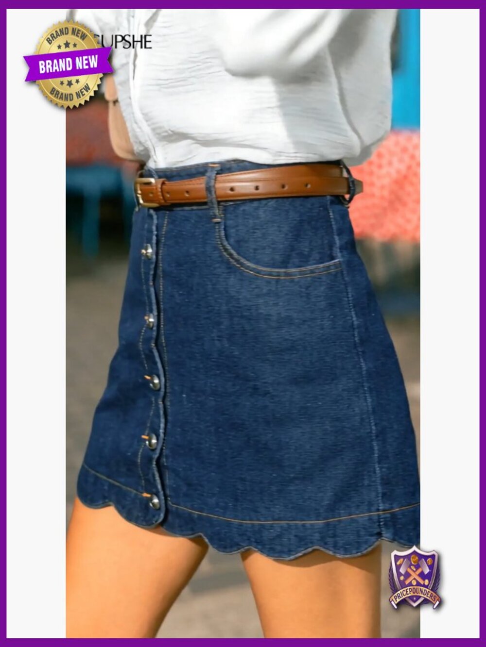 High Waist A-Line Denim Mini Skirt Button Front Scalloped Hem - Picture 7 of 7